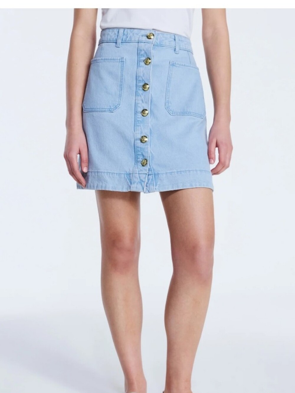 Light Blue Button-Front Denim Mini Skirt with Front Pockets